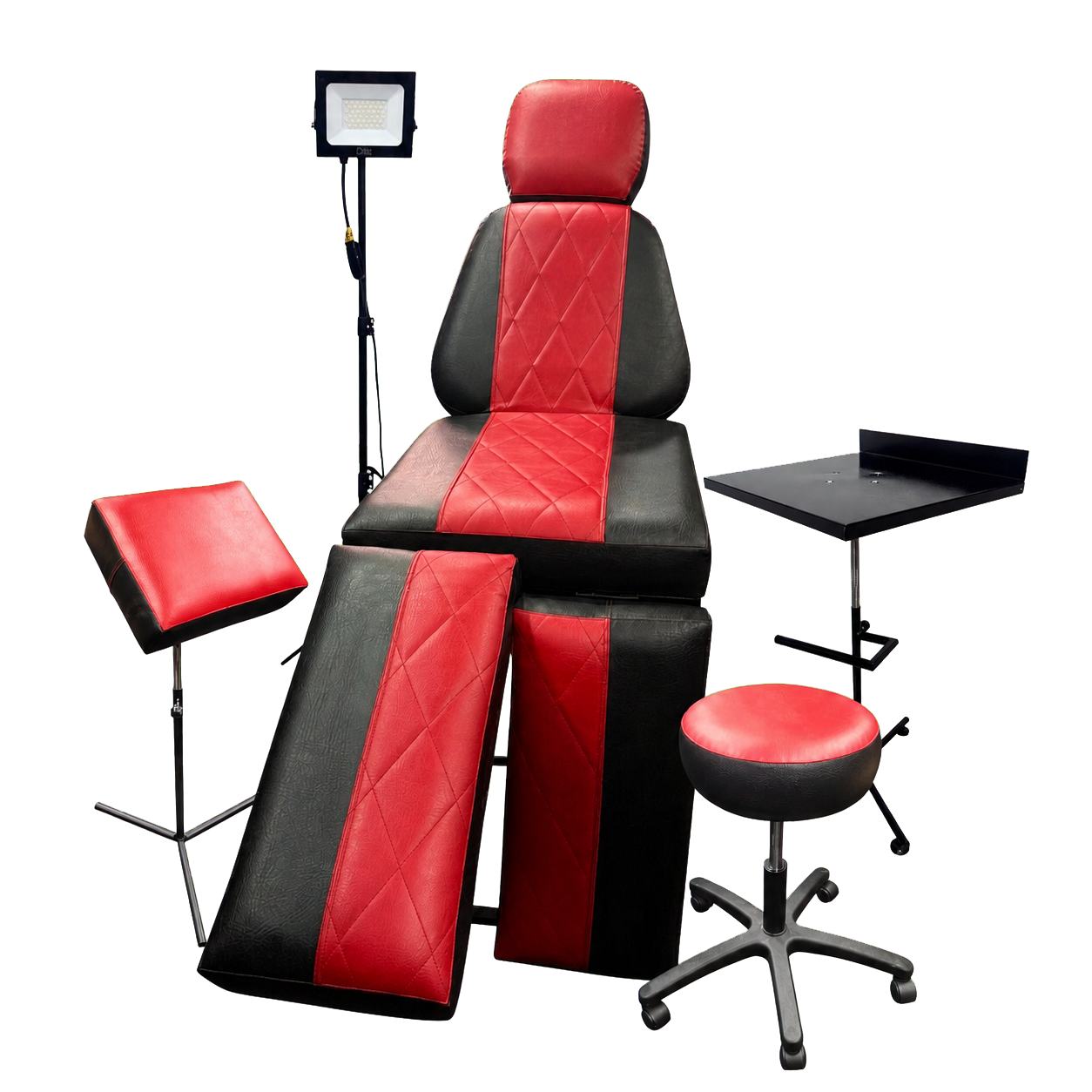 Camilla, mesa, apoyabrazos, silla e iluminación profesional para tatuadores